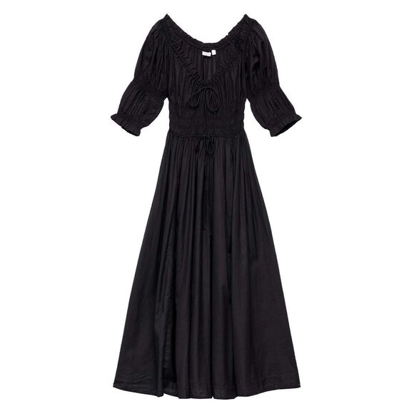 Doen Women's Black Puff Sleeve Ruffle Smocked Ischia Poplin Dress Large NWOT - Picture 1 of 16